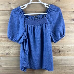 Talbots Womens Shirt Square Neck Linen Smocked Blue Coastal Beachy Nautical XL